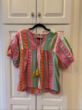 THML Multicolor Embroidered Tassel Peasant Top - Pink, Green, Coral